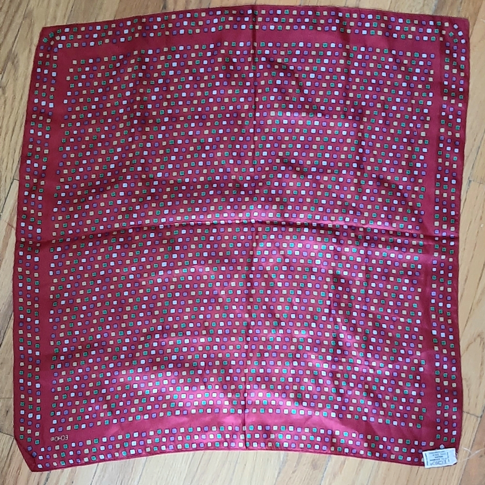 Echo Red Silk Scarf with Colorful Squares